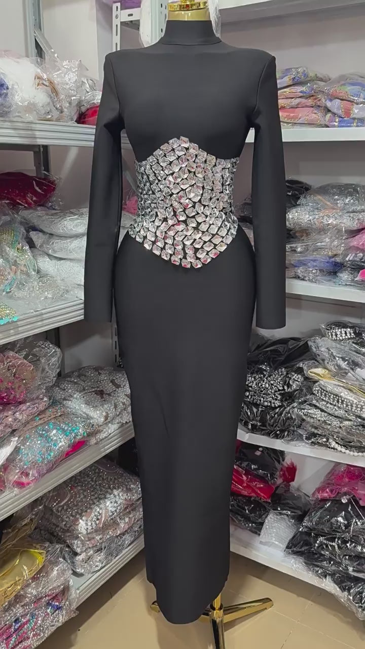long sleeve high-neck maxi dress with crystal waist embellishment – CRYSTAL