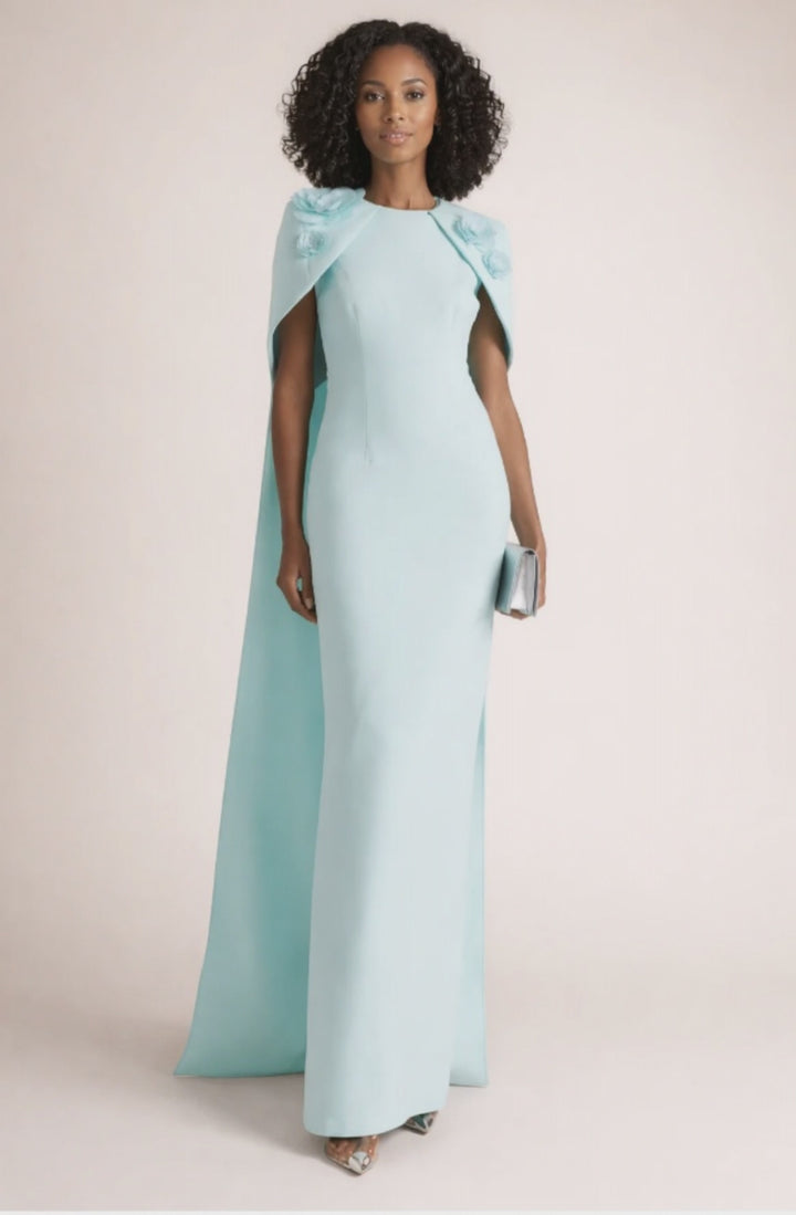 cape column dress with floral shoulder appliqué – CELESTIA