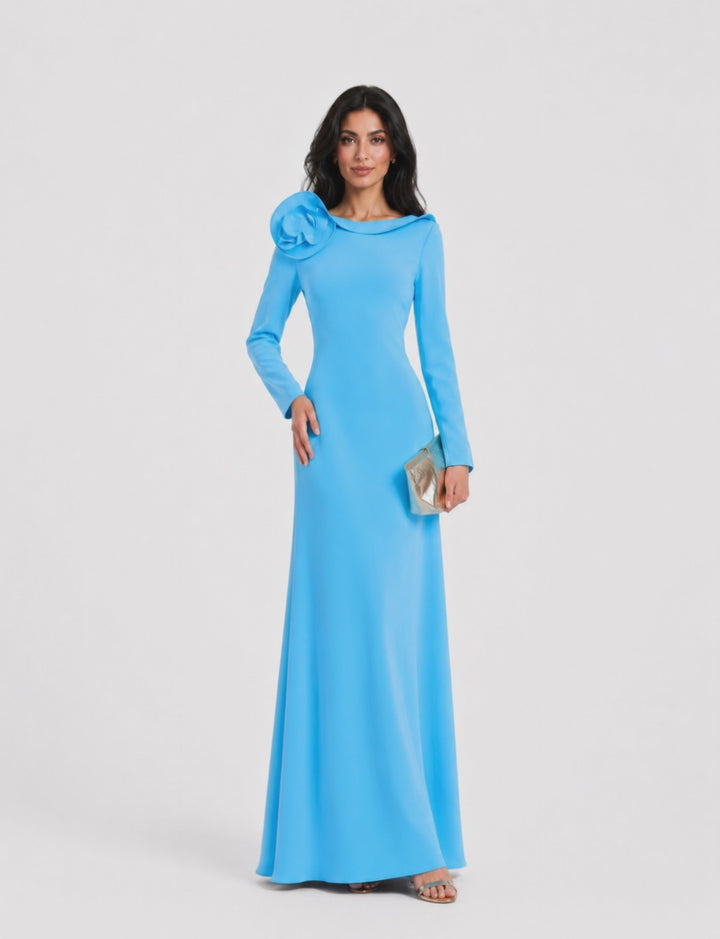 Sky Blue Rosette Shoulder Gown - Azure