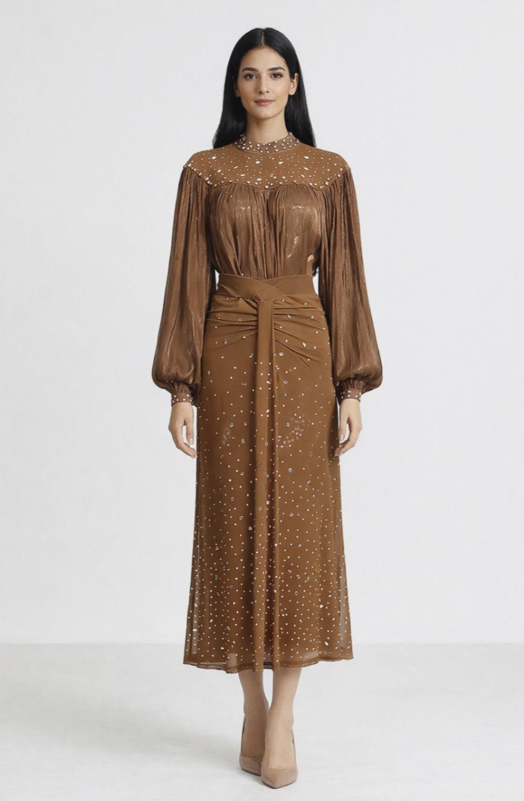 long sleeve midi dress with sheer embellished bodice and draped waist – SIENNA
