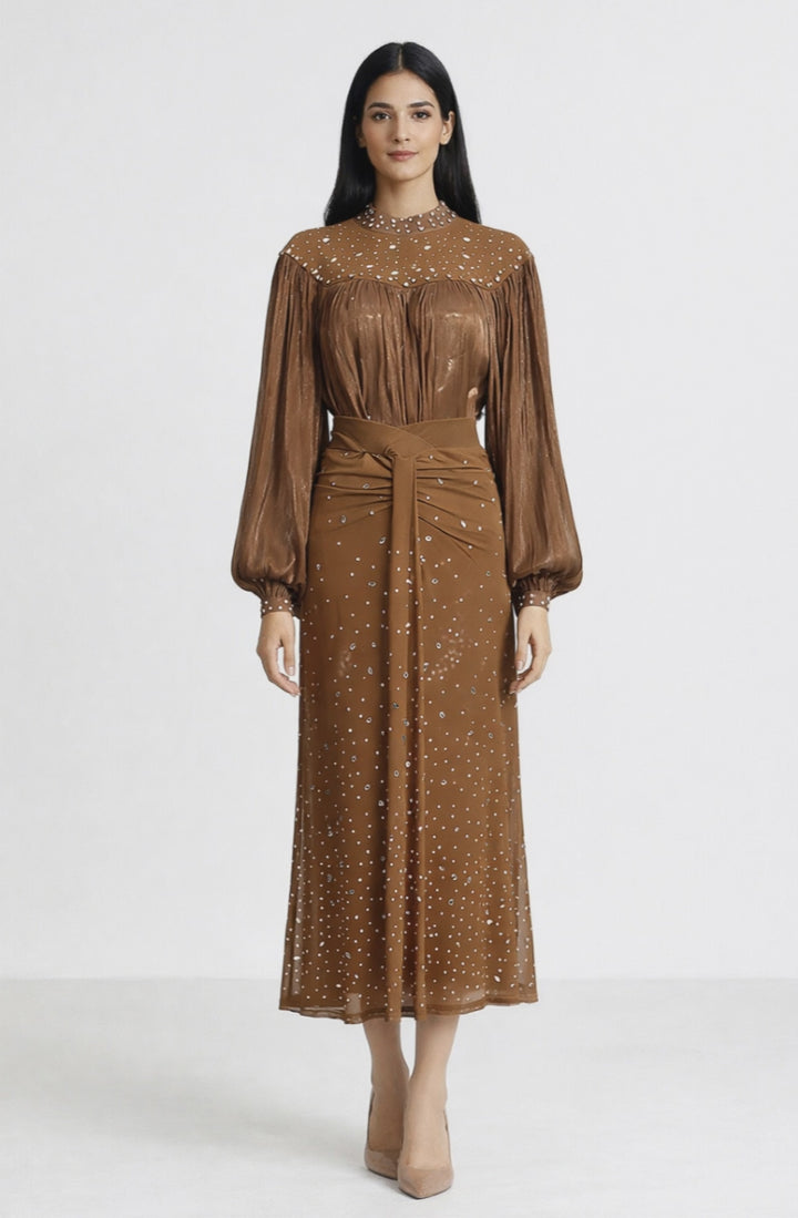 long sleeve midi dress with sheer embellished bodice and draped waist – SIENNA