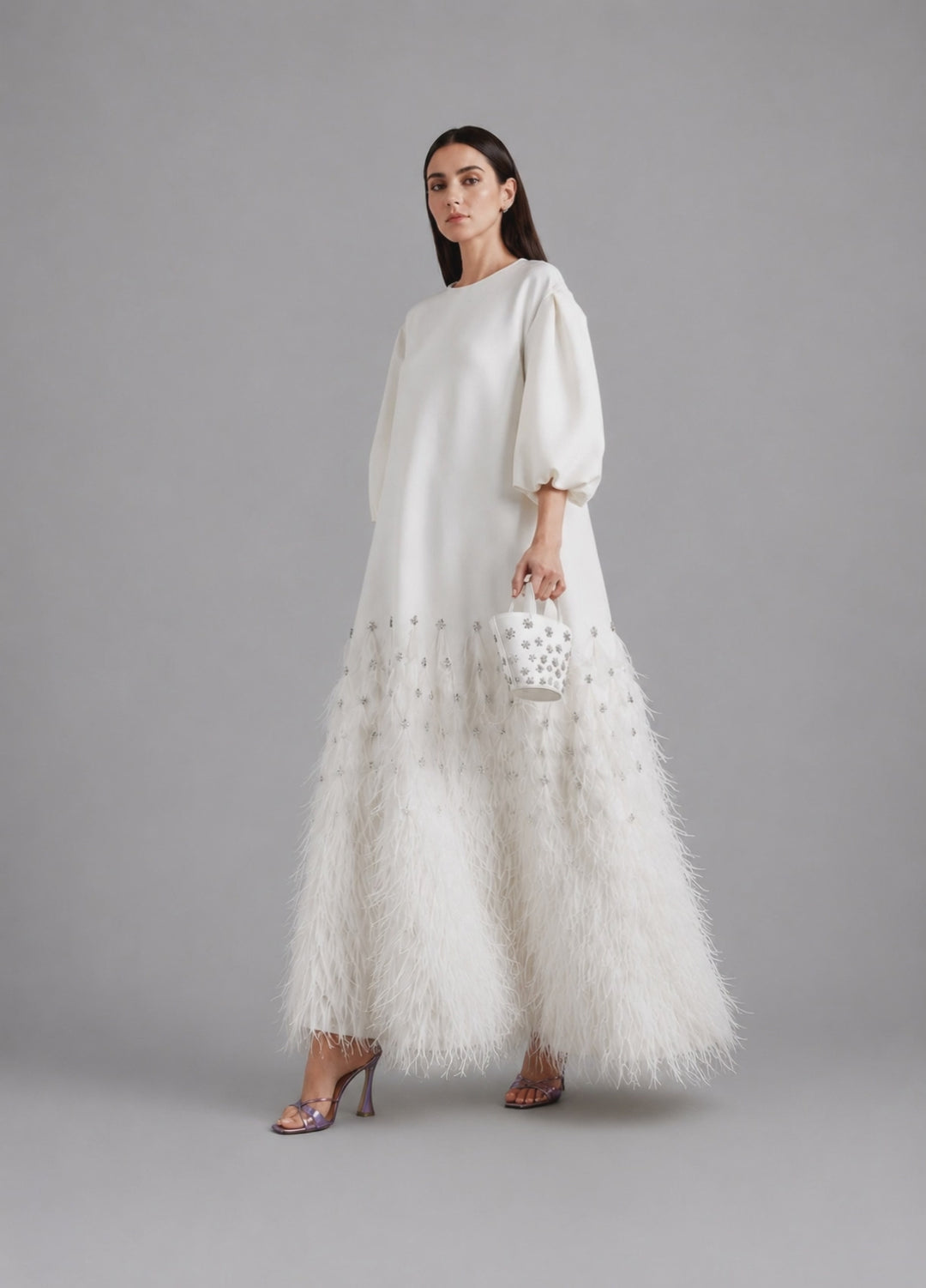 feather-trim embellished gown in ivory – Suzynne