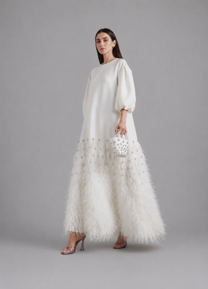 feather-trim embellished gown in ivory – Suzynne