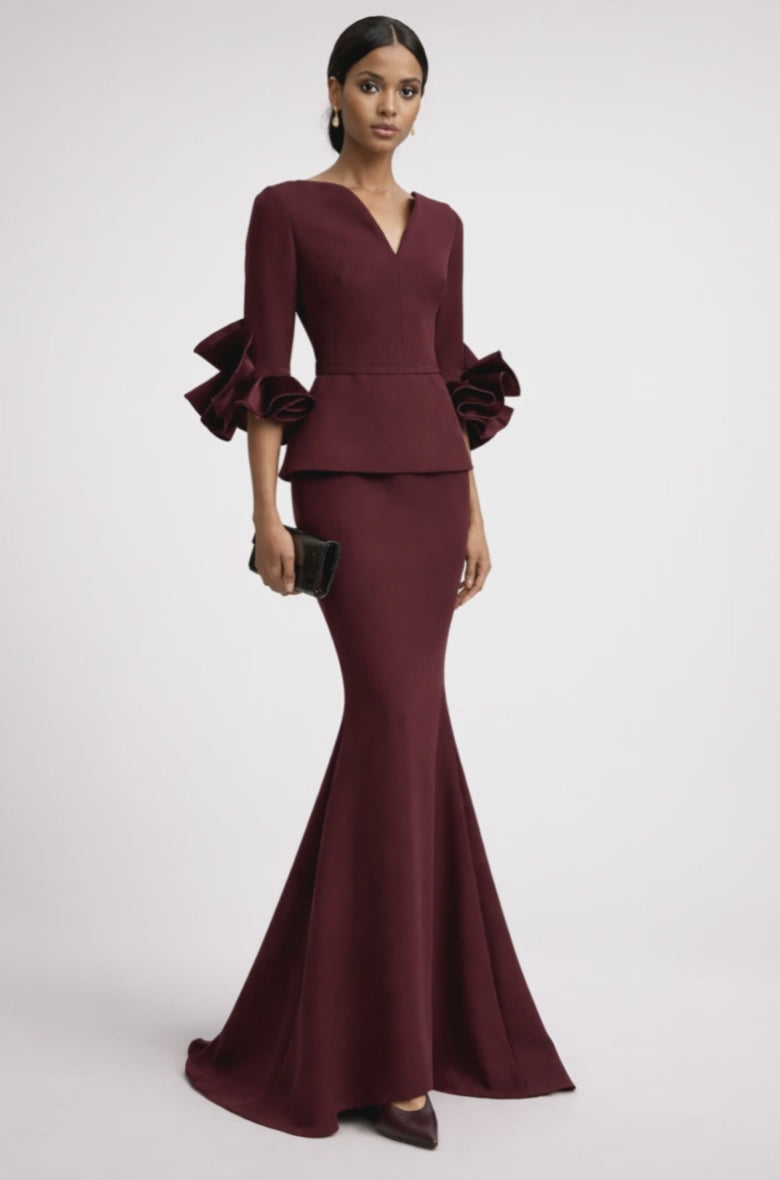 v-neck peplum mermaid dress with ruffle sleeves – RUBINA