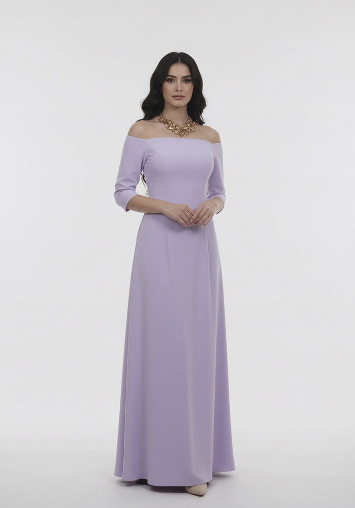off-shoulder lilac gown with fitted bodice – AMILYA