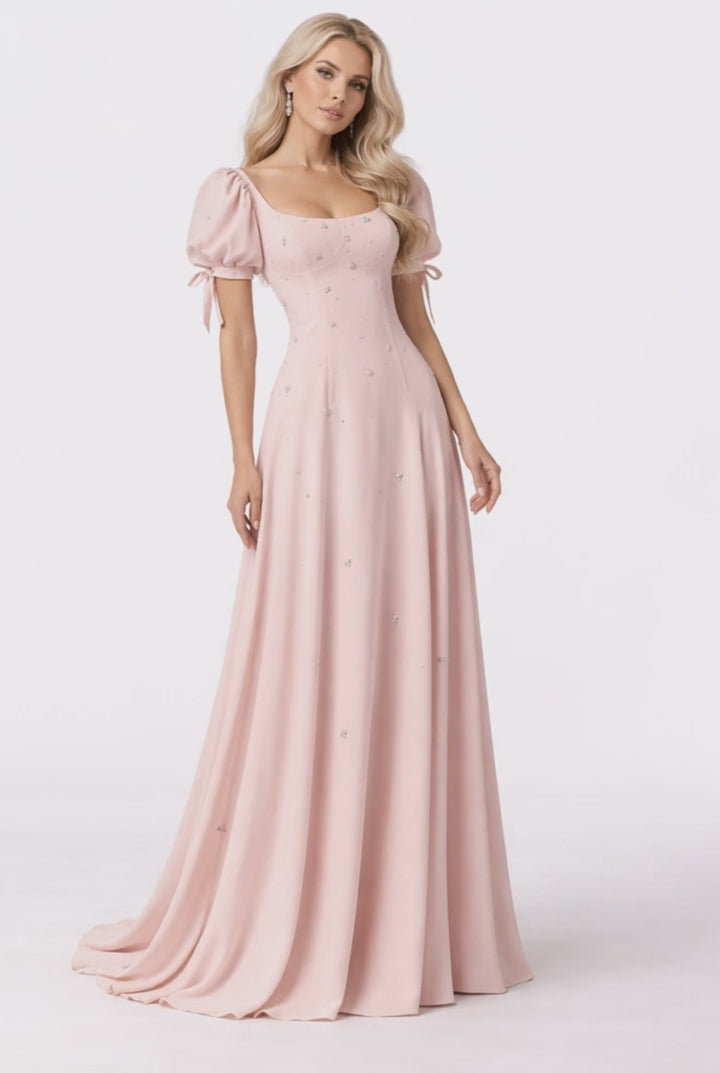 puff sleeve embellished flowy maxi dress – BLUSH
