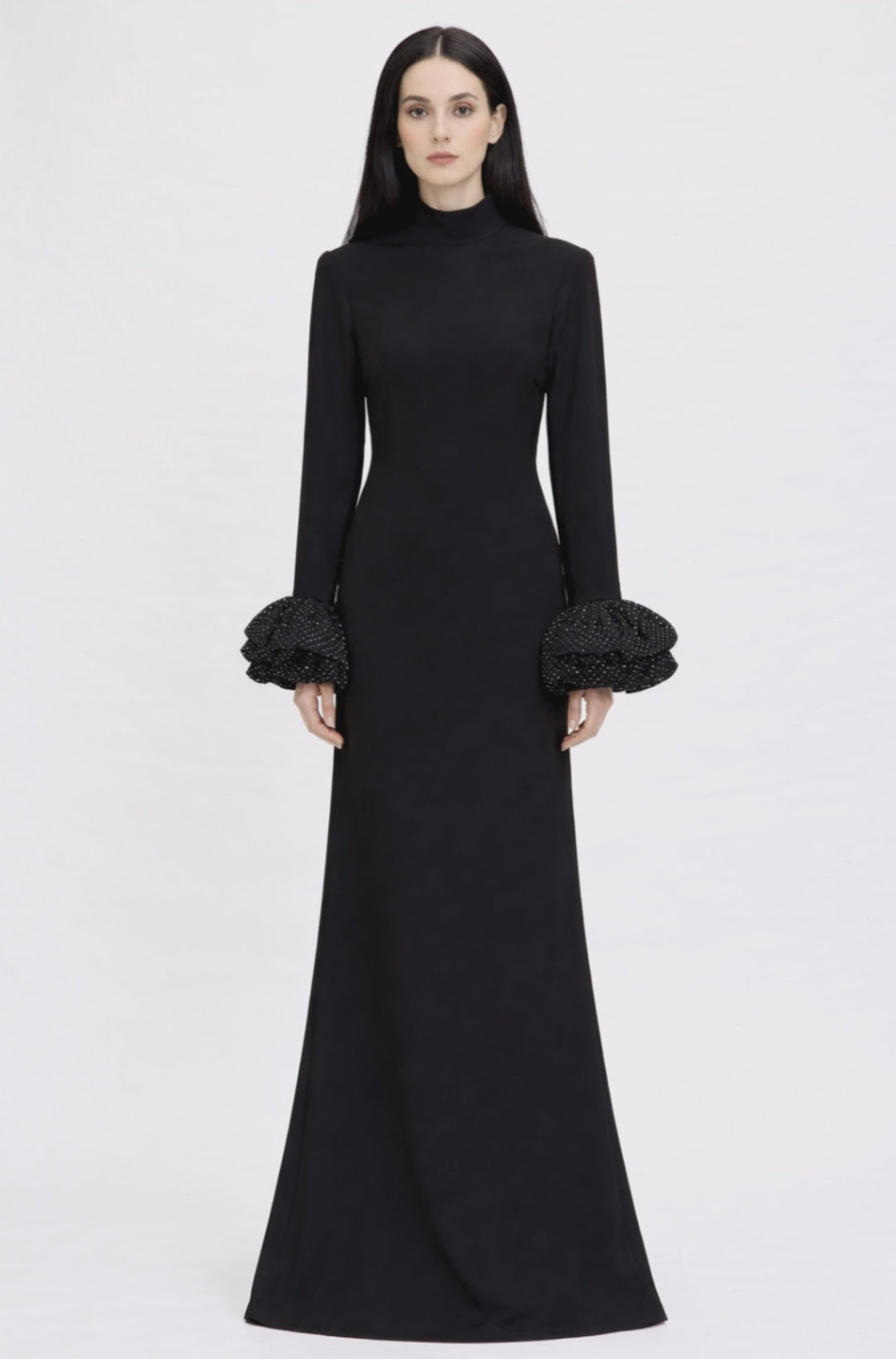 high-neck long sleeve maxi dress with ruffle cuffs – LUMINA