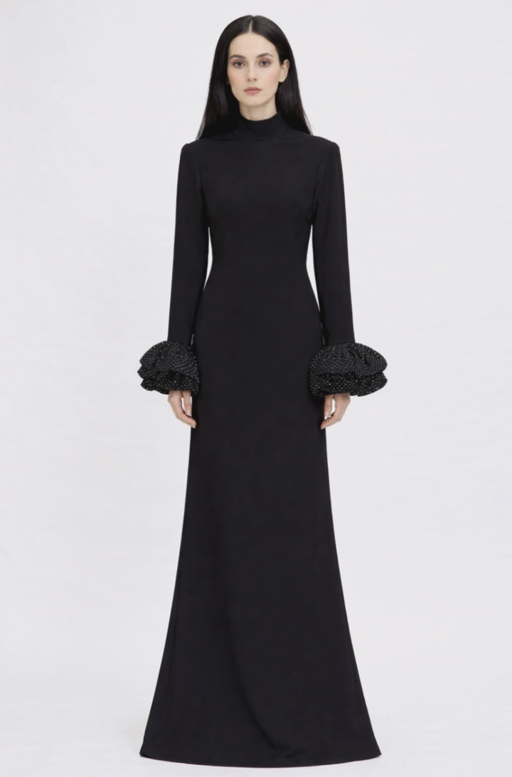 high-neck long sleeve maxi dress with ruffle cuffs – LUMINA