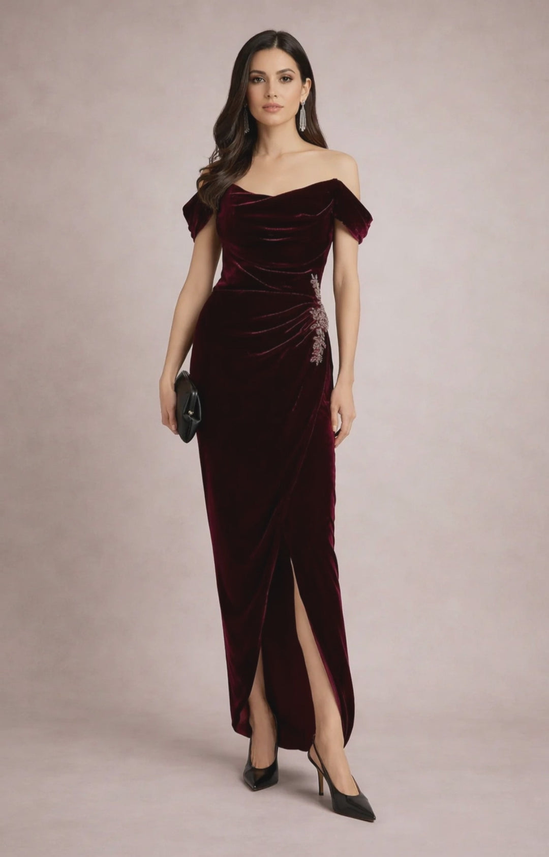 off-shoulder velvet column dress with draped bodice – EZAT