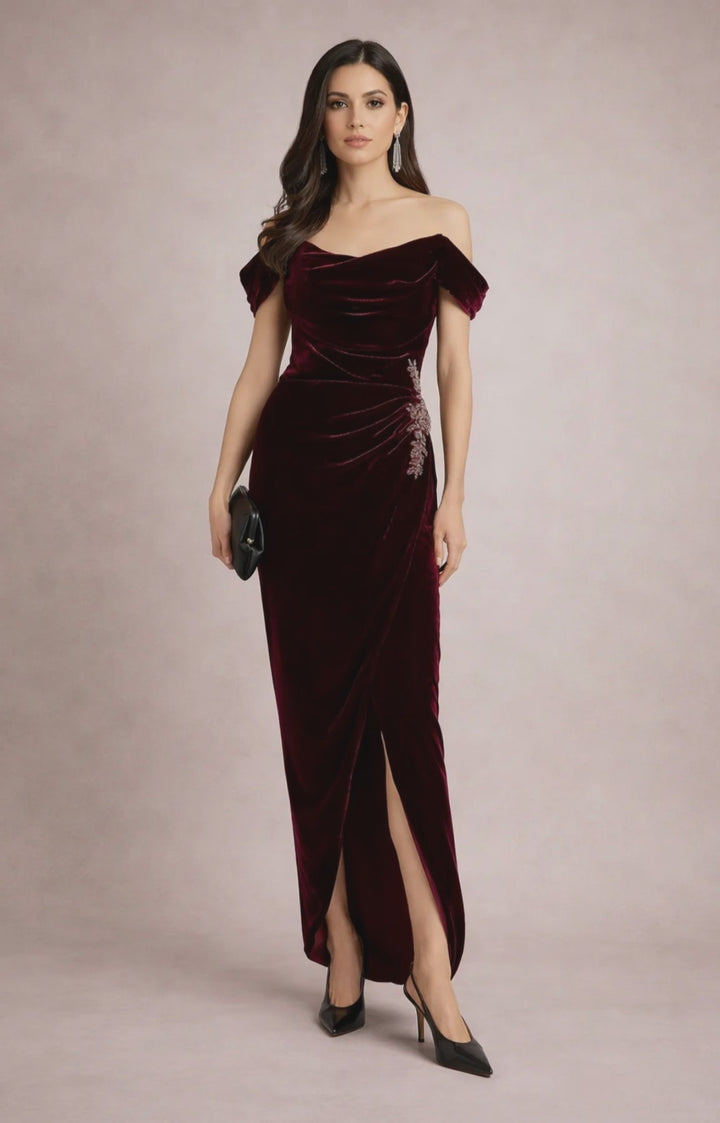 off-shoulder velvet column dress with draped bodice – EZAT