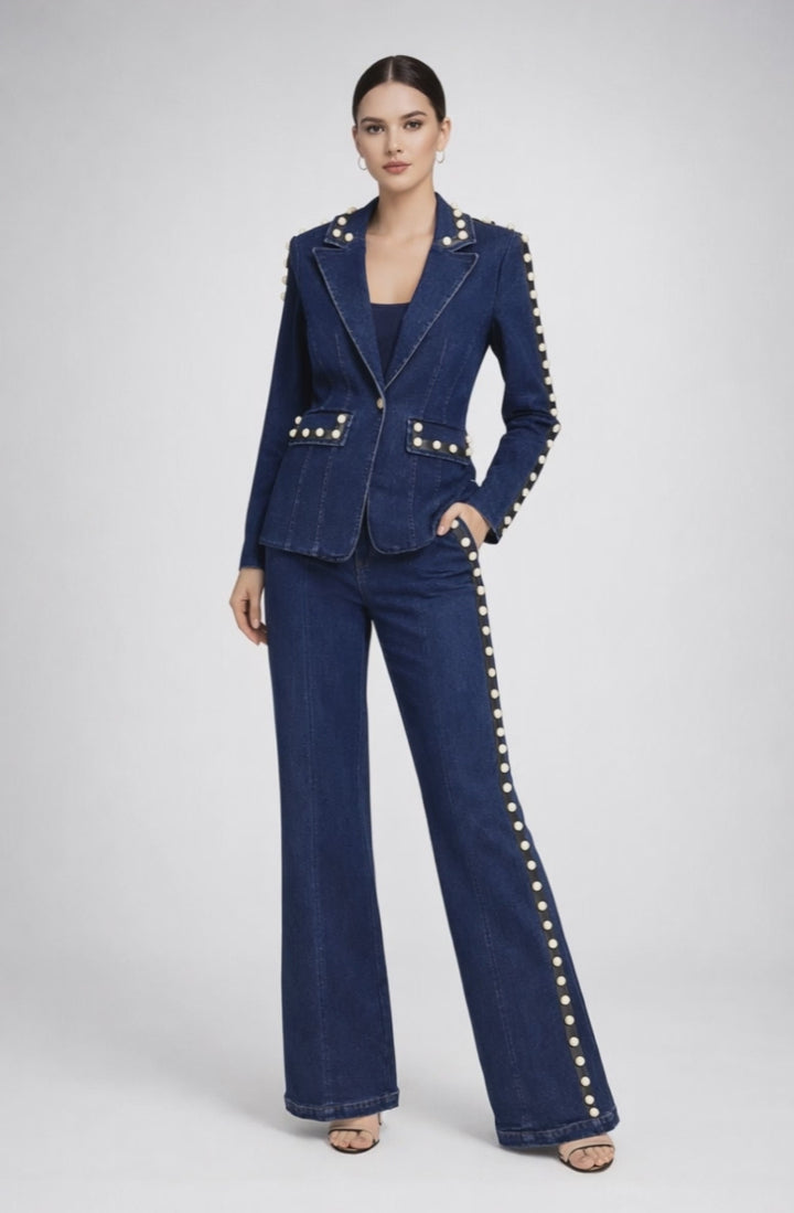 tailored denim blazer and wide-leg pants set with stud detailing – DENARA