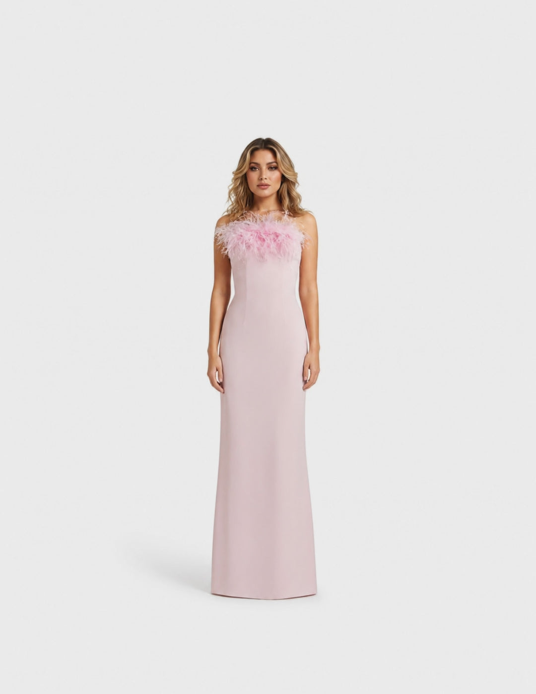 Blush Feather Trim Strapless Evening Gown - Feather