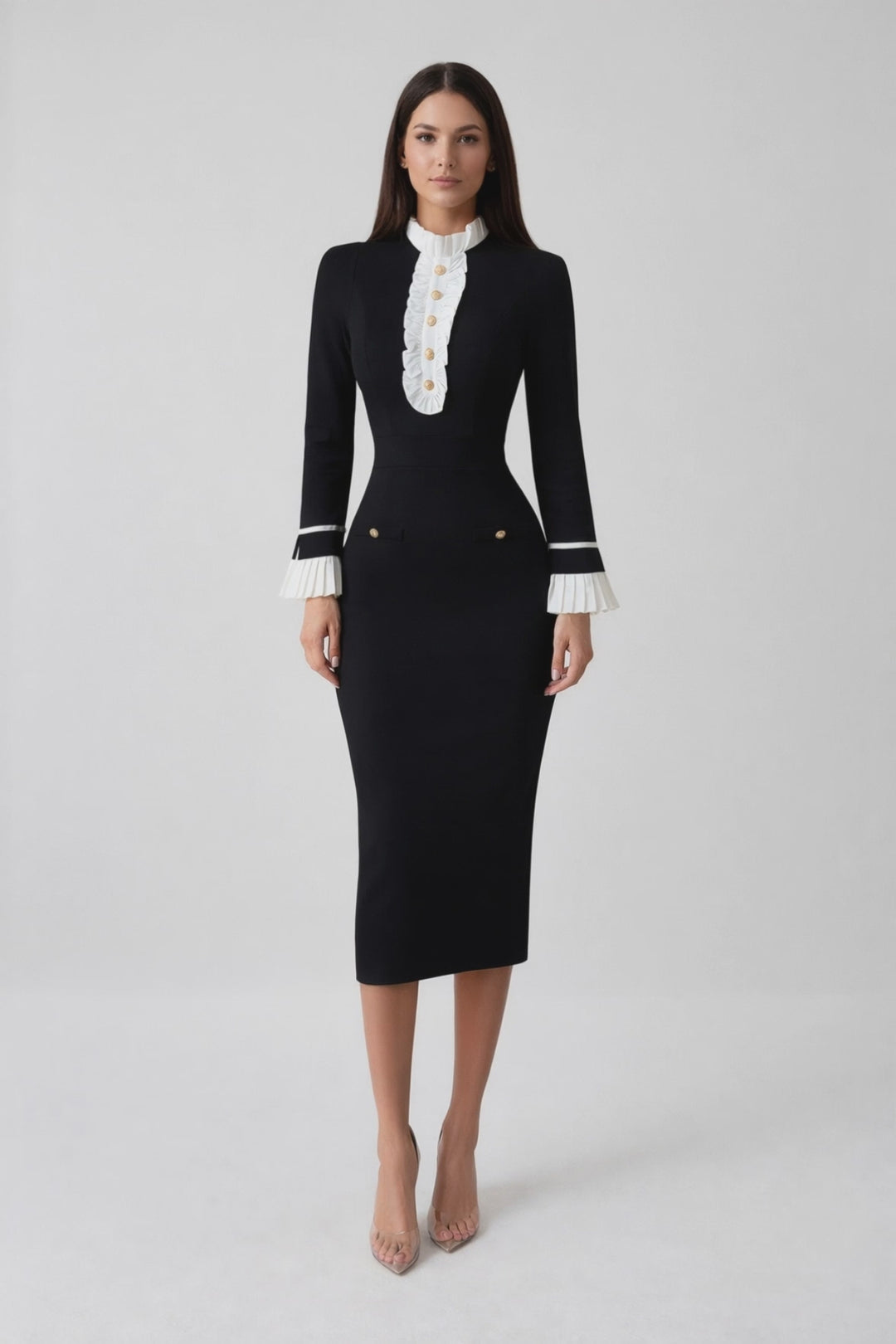 long sleeve midi dress with ruffle high neck detail – MONO