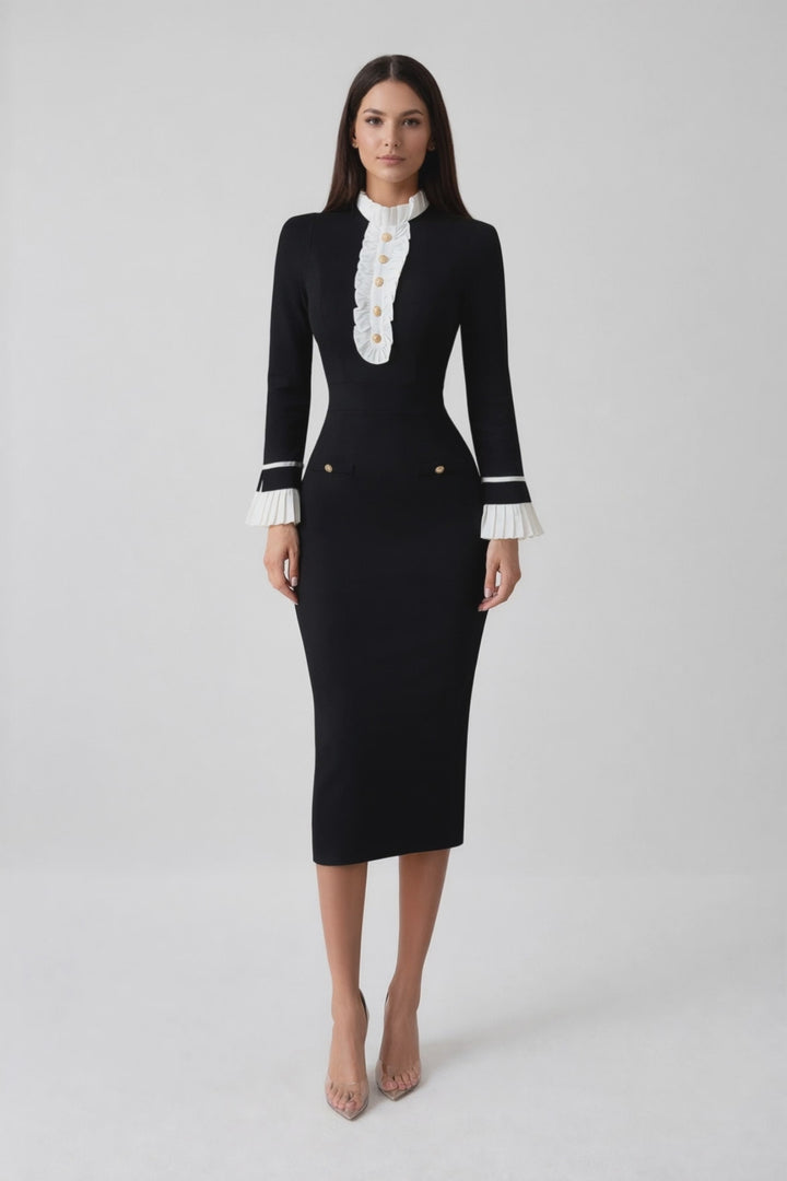 long sleeve midi dress with ruffle high neck detail – MONO