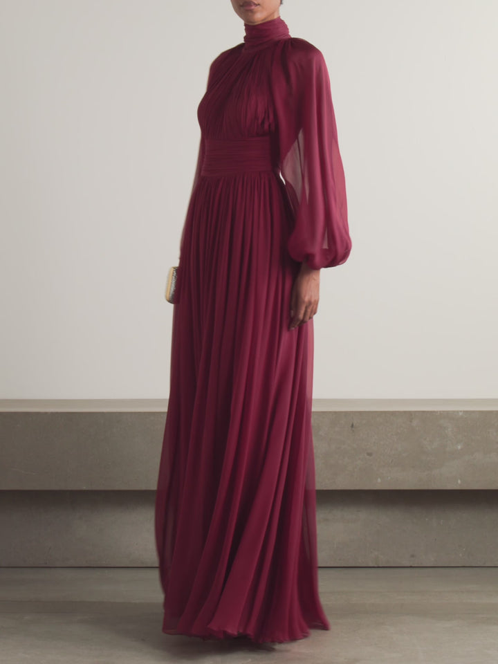 pleated chiffon gown with bishop sleeves – MARQUESA