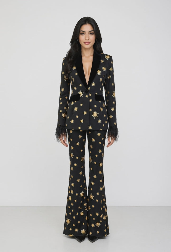 Black Star Print Blazer and Pants Set with Feather Cuffs - ASTORIA