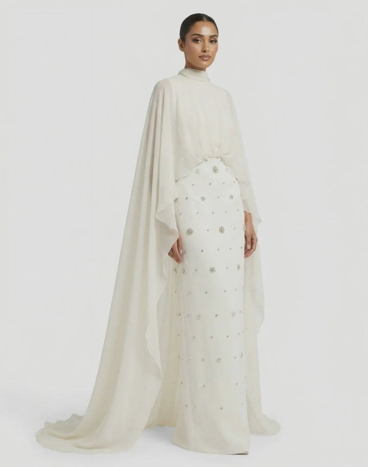 High-neck embellished column dress with layered cape - Mia