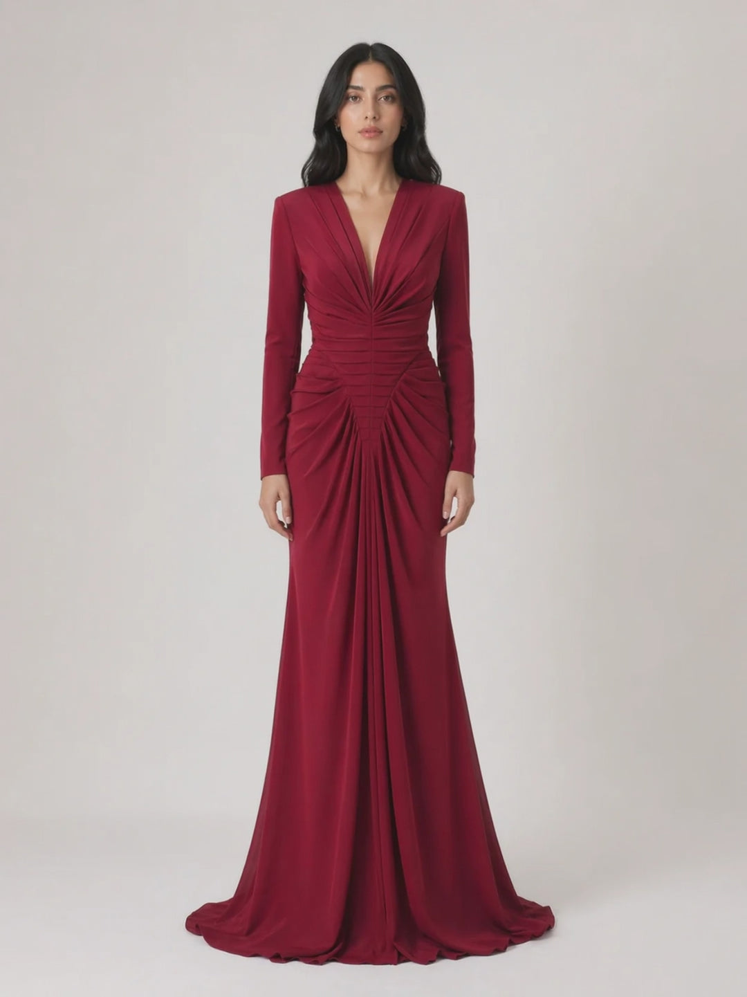 Red Ruched Mermaid Maxi Dress with Deep V Neck - RUBELLA