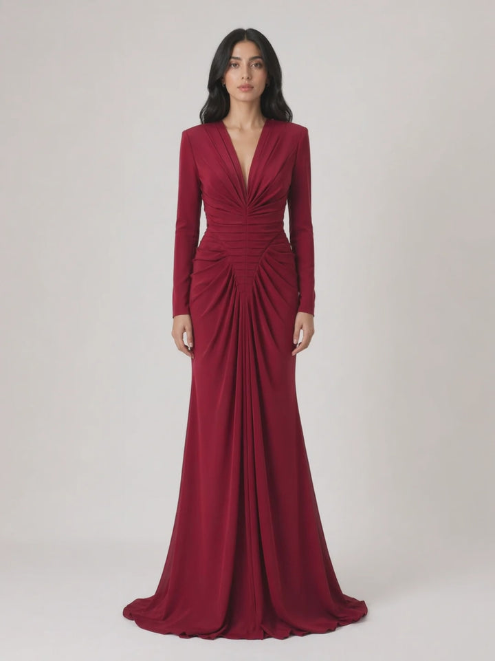 Red Ruched Mermaid Maxi Dress with Deep V Neck - RUBELLA