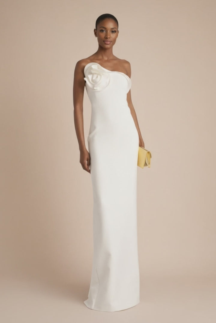 one-shoulder column dress with sculpted floral detail – ALBA