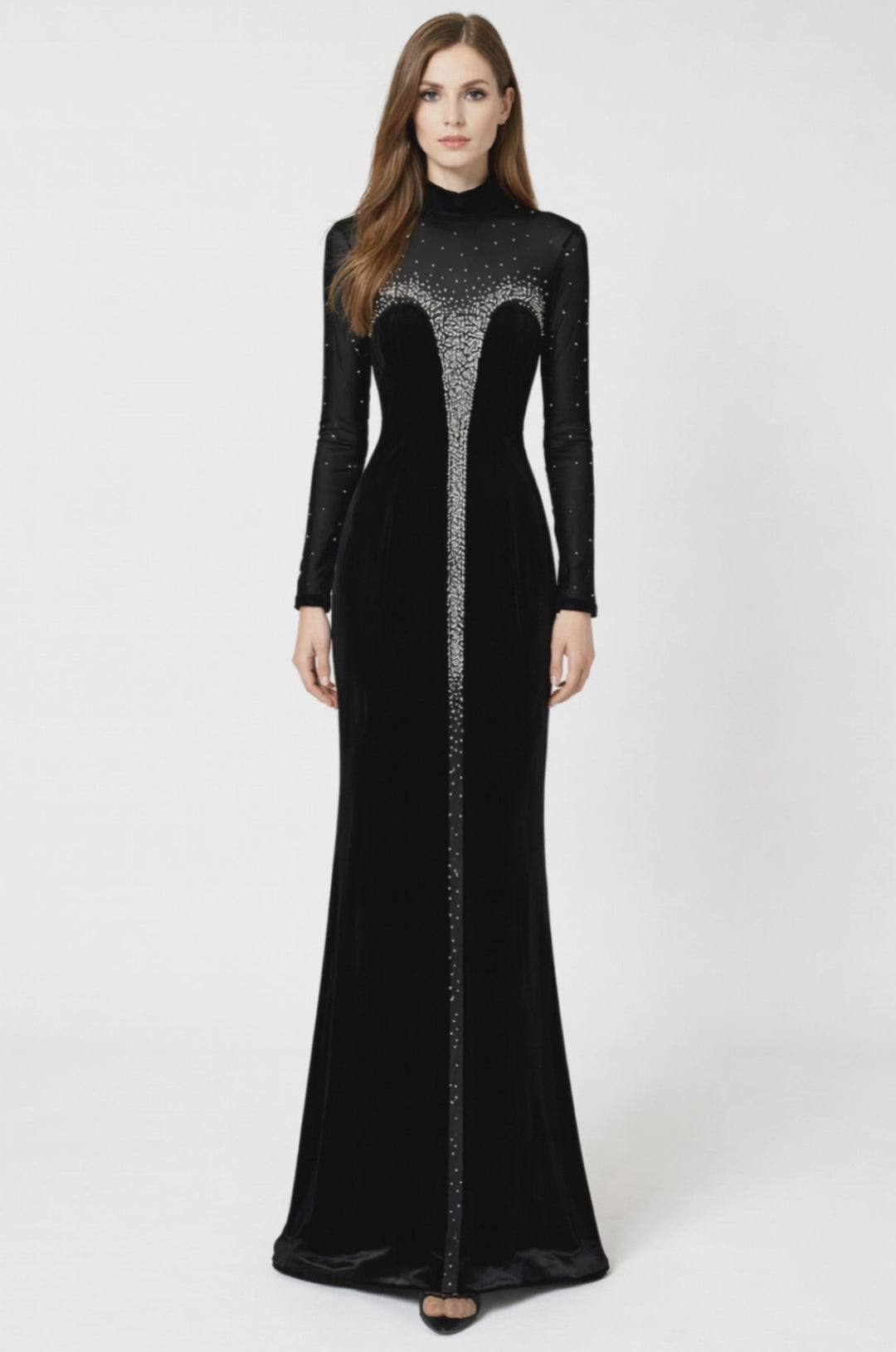 long sleeve sheer yoke maxi dress with crystal front detail – NOIR