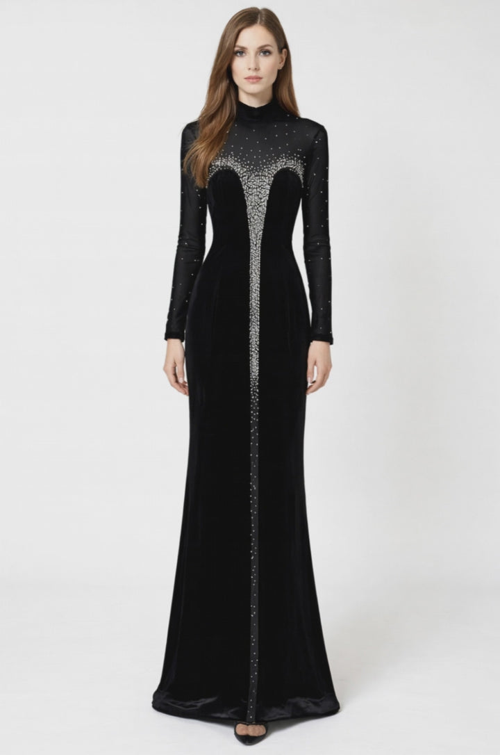long sleeve sheer yoke maxi dress with crystal front detail – NOIR
