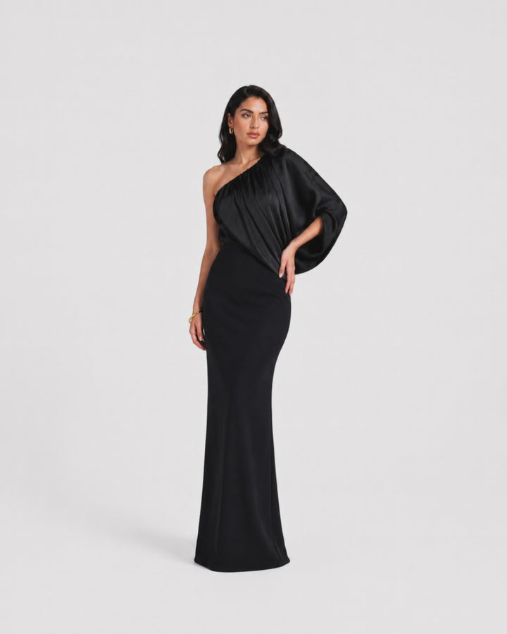 Black One-Shoulder Draped Maxi Dress - Eclipse