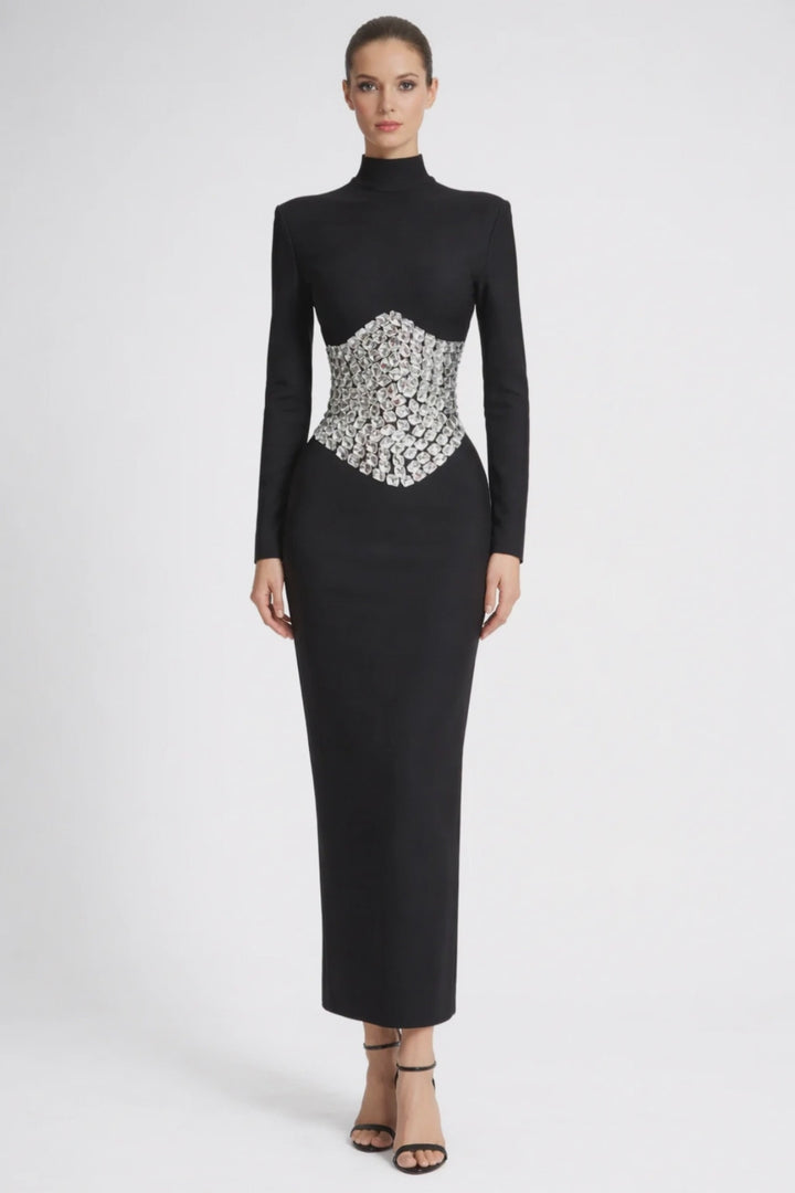 long sleeve high-neck maxi dress with crystal waist embellishment – CRYSTAL