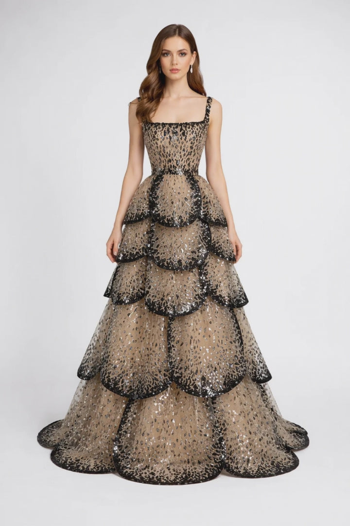 long sleeve ball gown with layered leopard sequin skirt – SAVANNA
