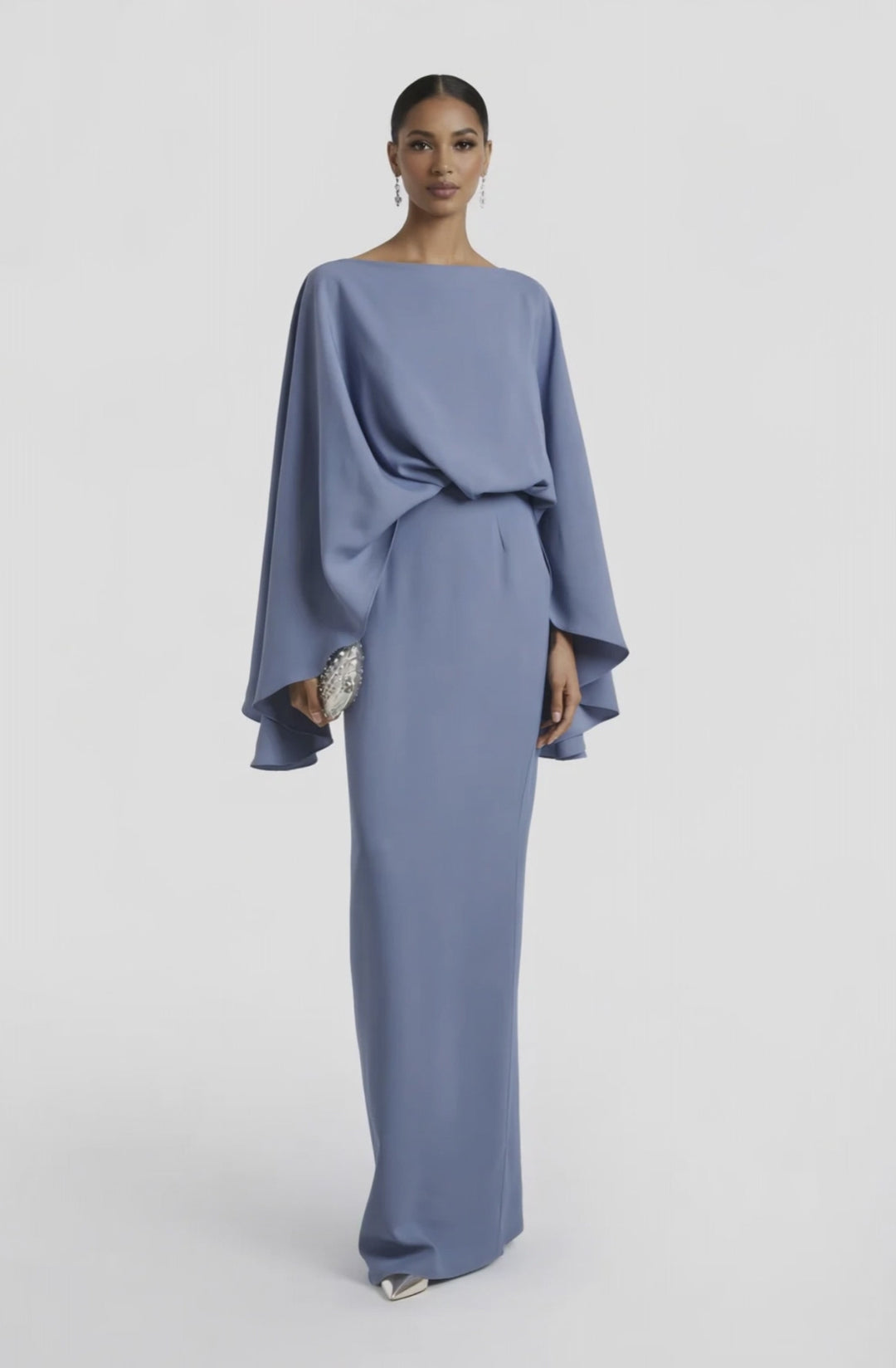 batwing sleeve column gown with draped waist – CELESTIA