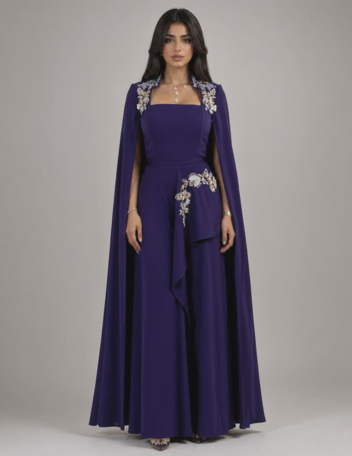 Royal Purple Embellished Jumpsuit with Cape Overlay – VELORA