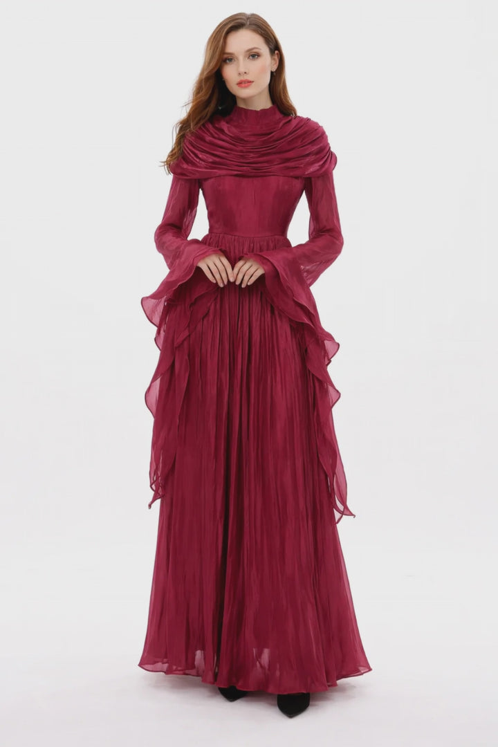 High-neck draped chiffon maxi dress with pleated skirt – AMARA