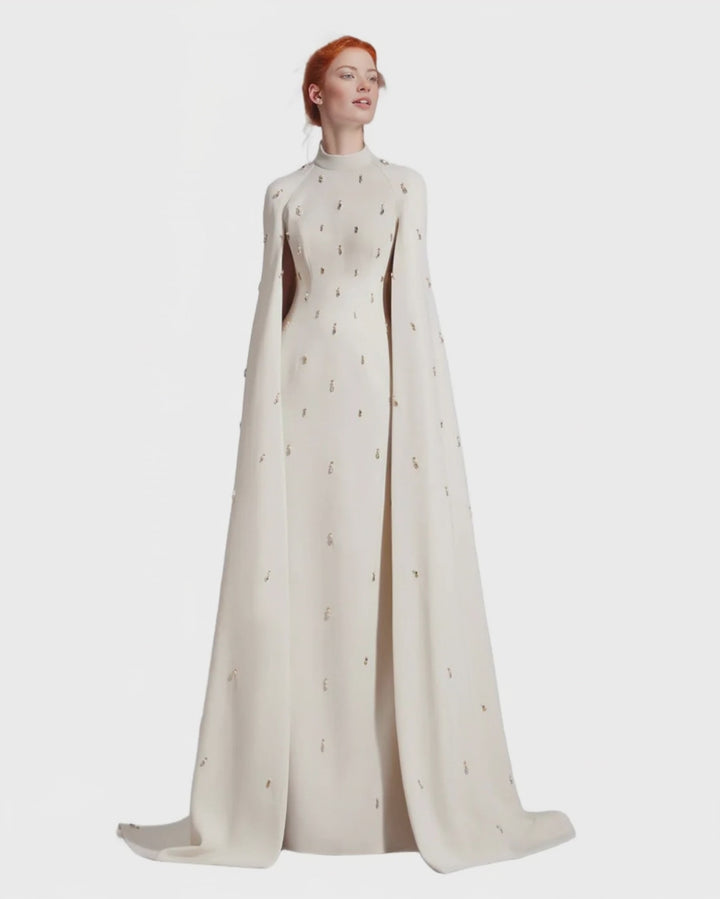 High-neck column gown with embellished cape – Zonia