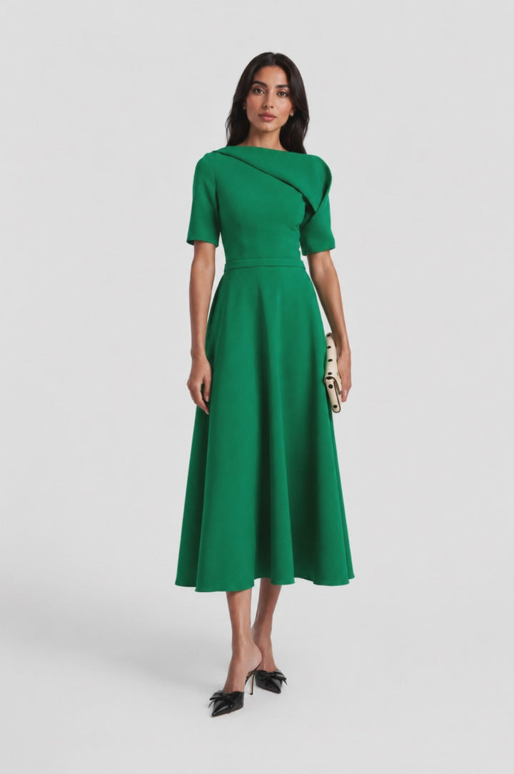 Emerald Asymmetric Neck Midi Dress - Verona