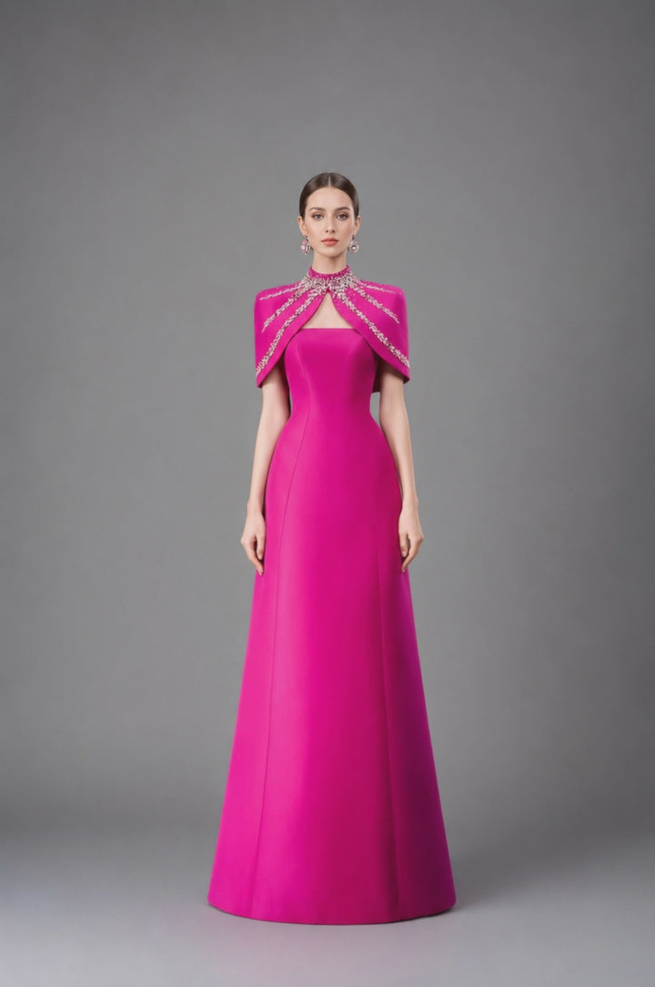 Strapless A-line dress with embellished shoulder cape - SERENA