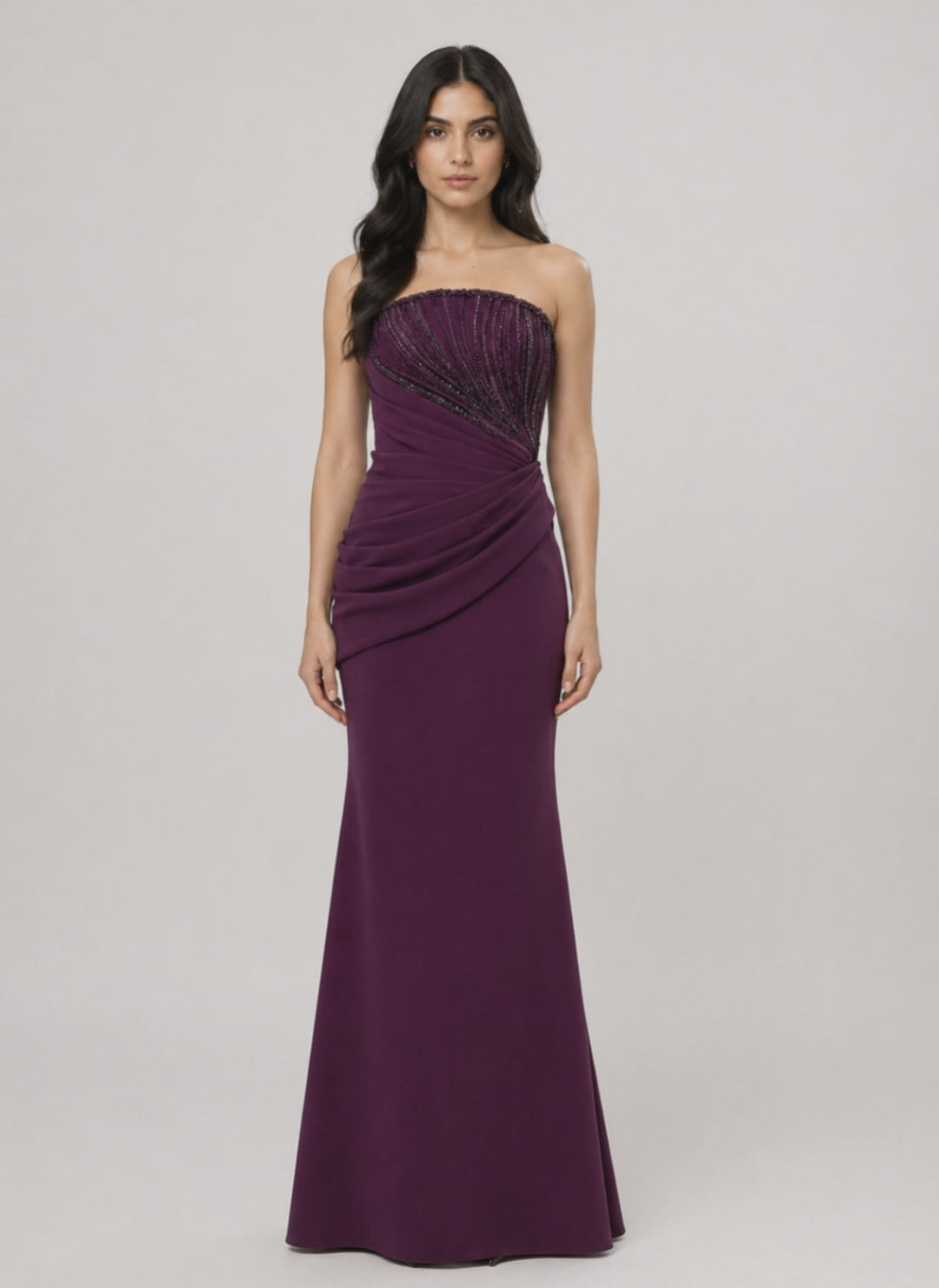 Plum Strapless Evening Gown with Beaded Bodice & Draped Detail – VELORA