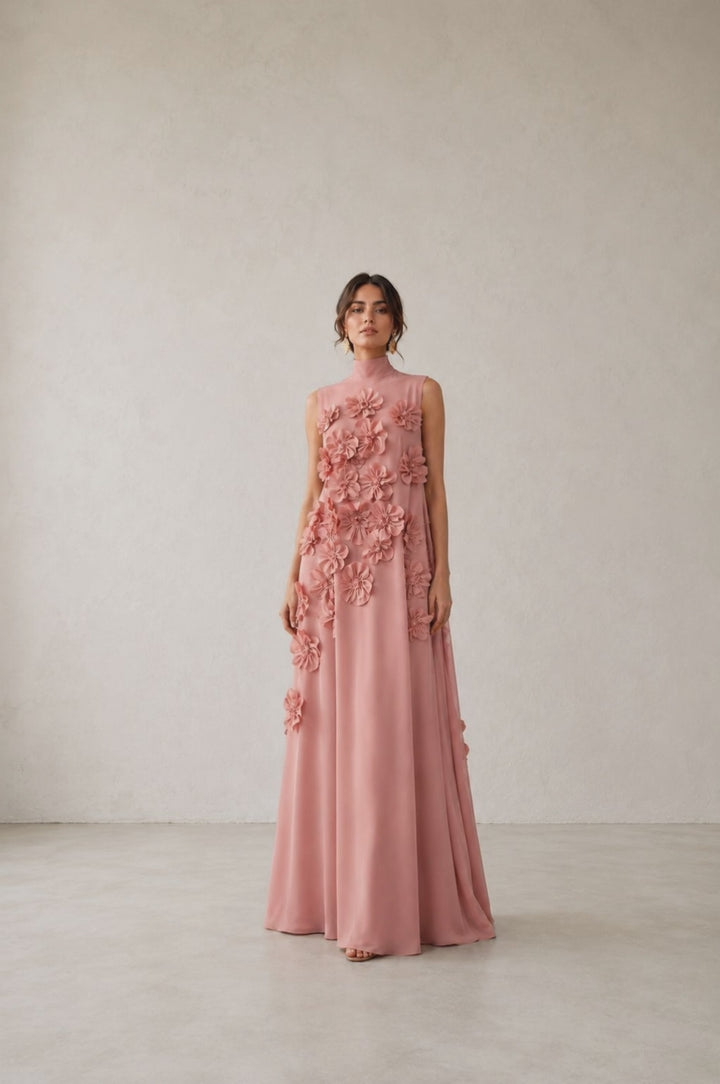 Floral Appliqué A-Line Gown – Rose