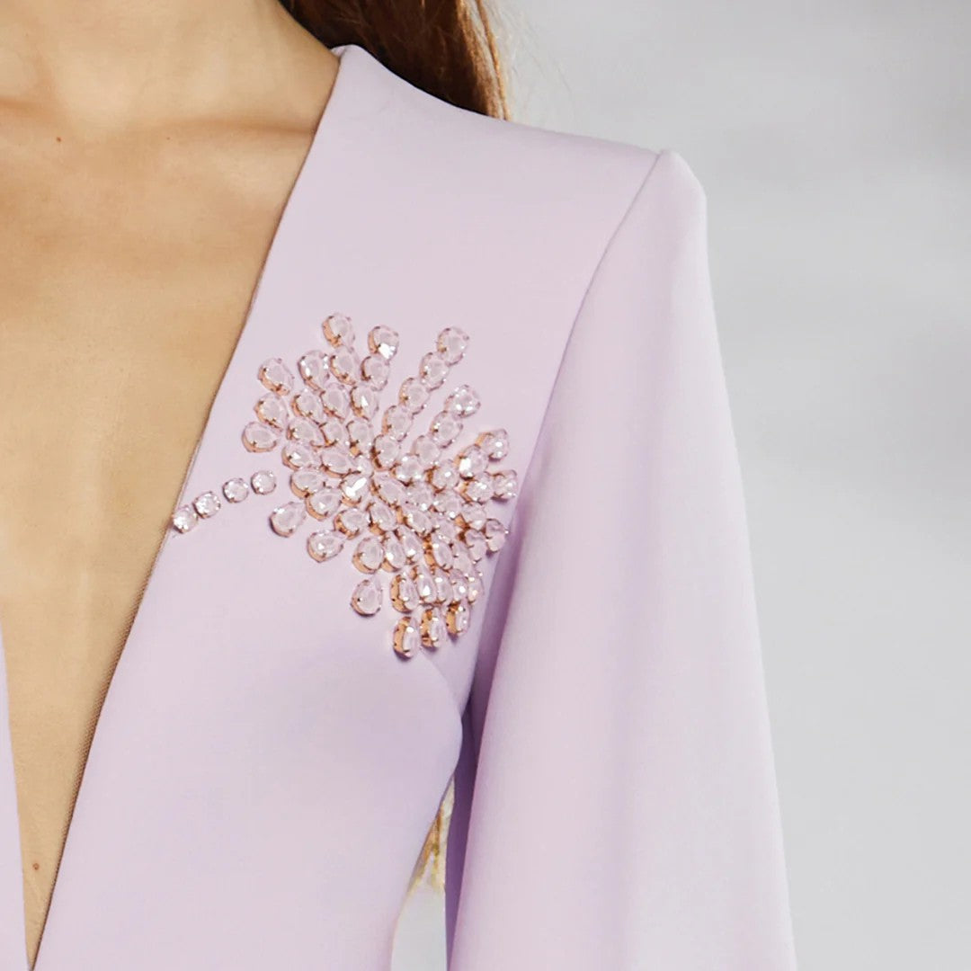 deep-V gown with embellished floral motifs – SHAFIQ