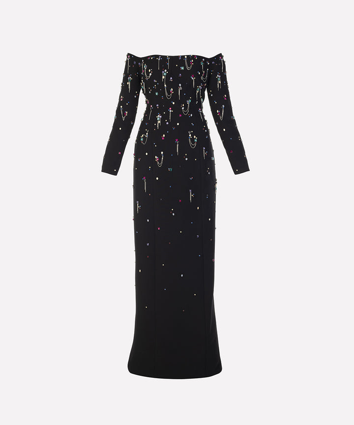 off-shoulder column dress with embellished beads - Haleen