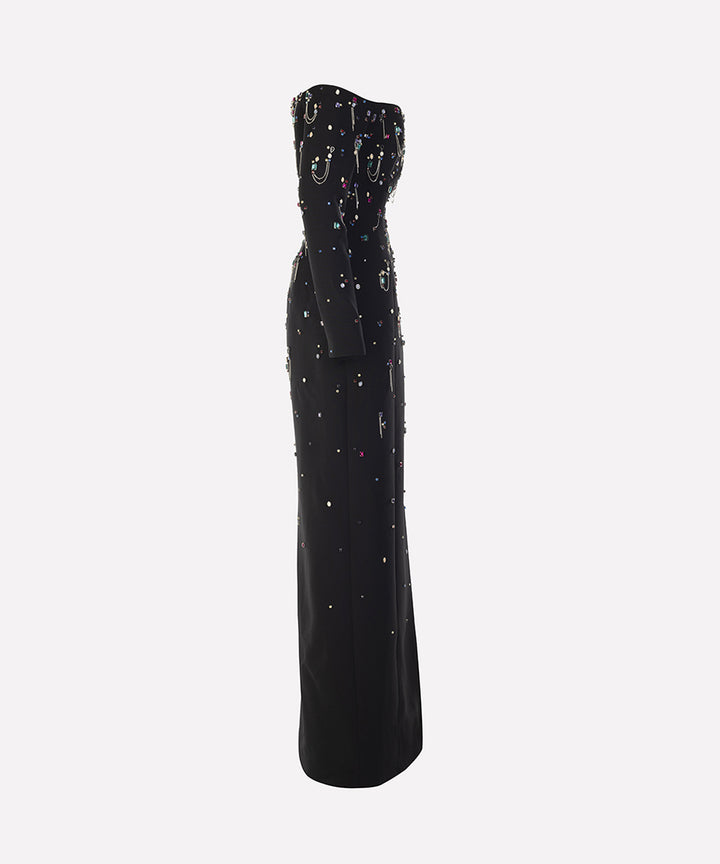 off-shoulder column dress with embellished beads - Haleen