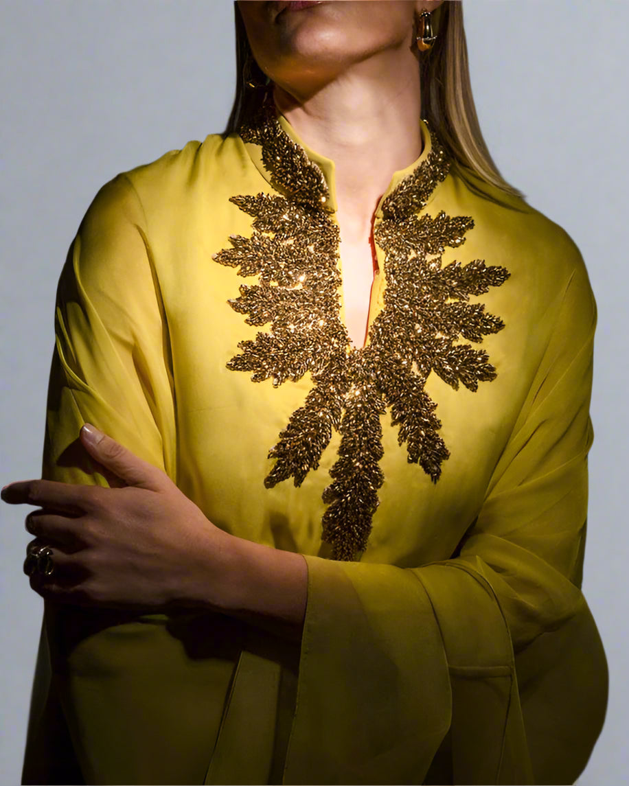 Olive Gold Dress with Embroidered Slit - Salma