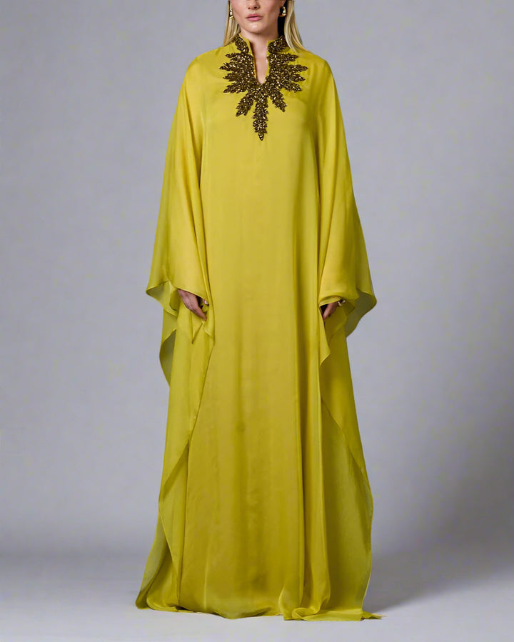 Olive Gold Dress with Embroidered Slit - Salma