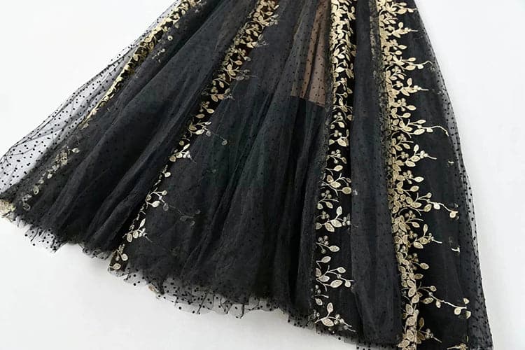 lace evening gown with gold floral embroidery – Nafula