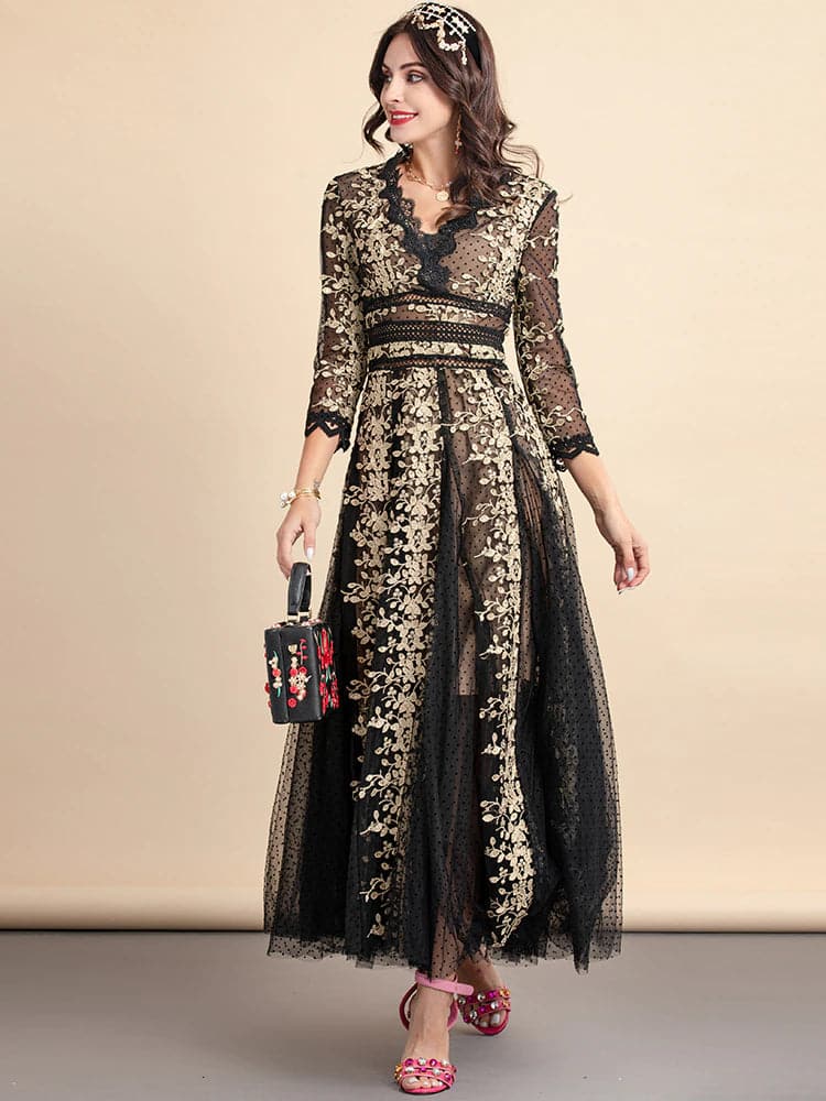 lace evening gown with gold floral embroidery – Nafula
