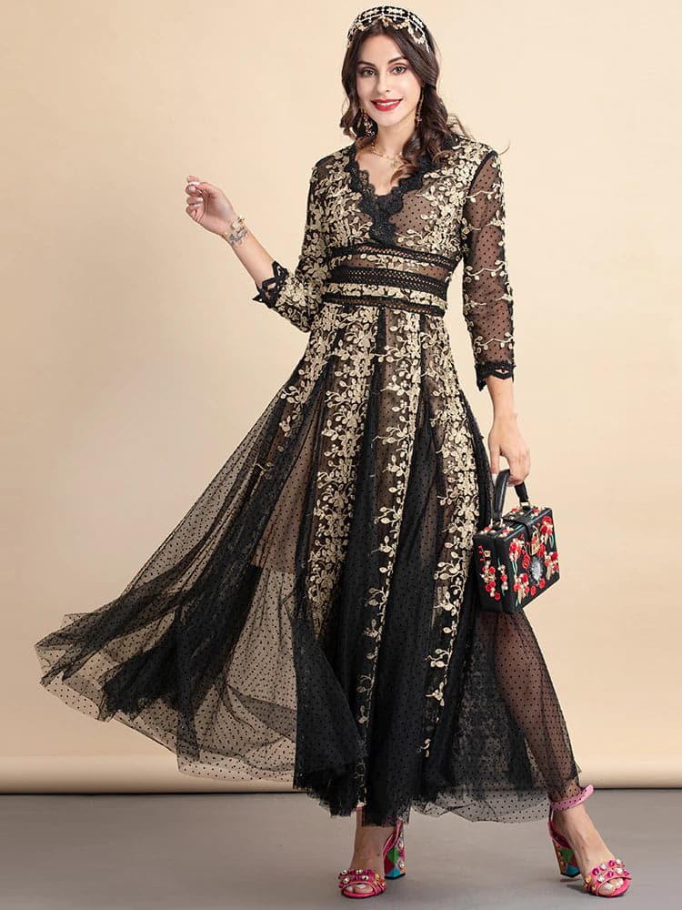 lace evening gown with gold floral embroidery – Nafula