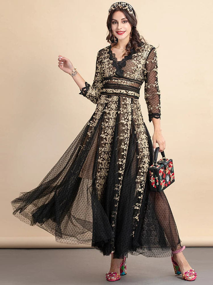 lace evening gown with gold floral embroidery – Nafula