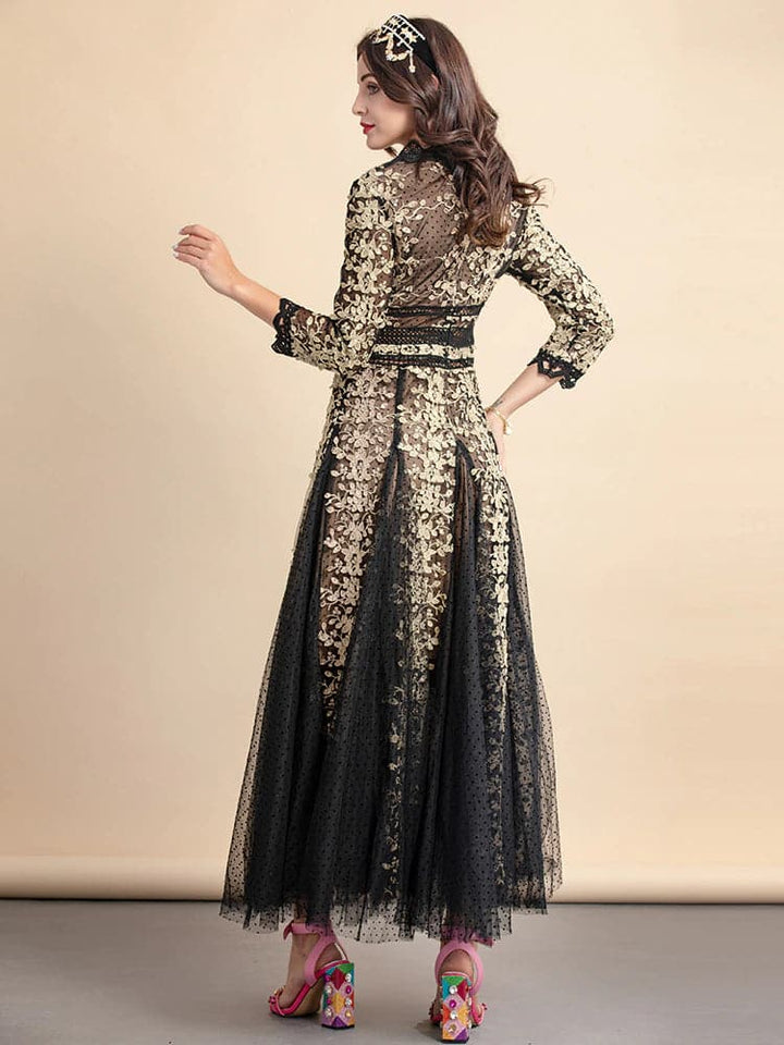 lace evening gown with gold floral embroidery – Nafula