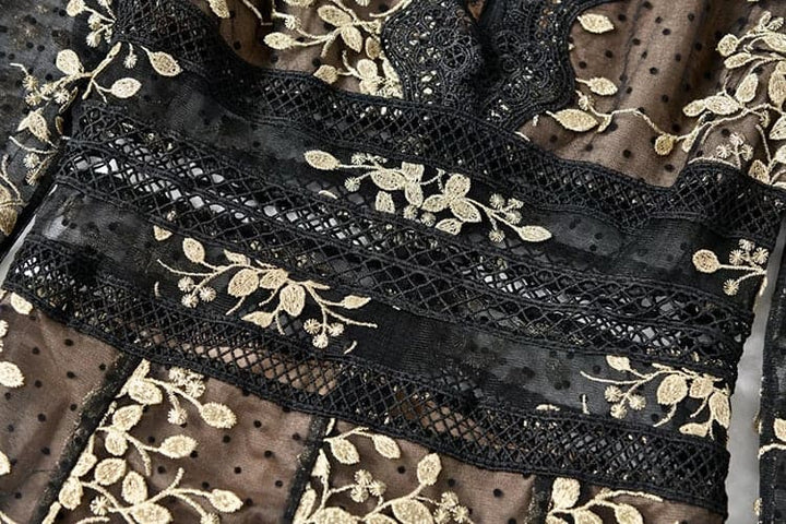 lace evening gown with gold floral embroidery – Nafula