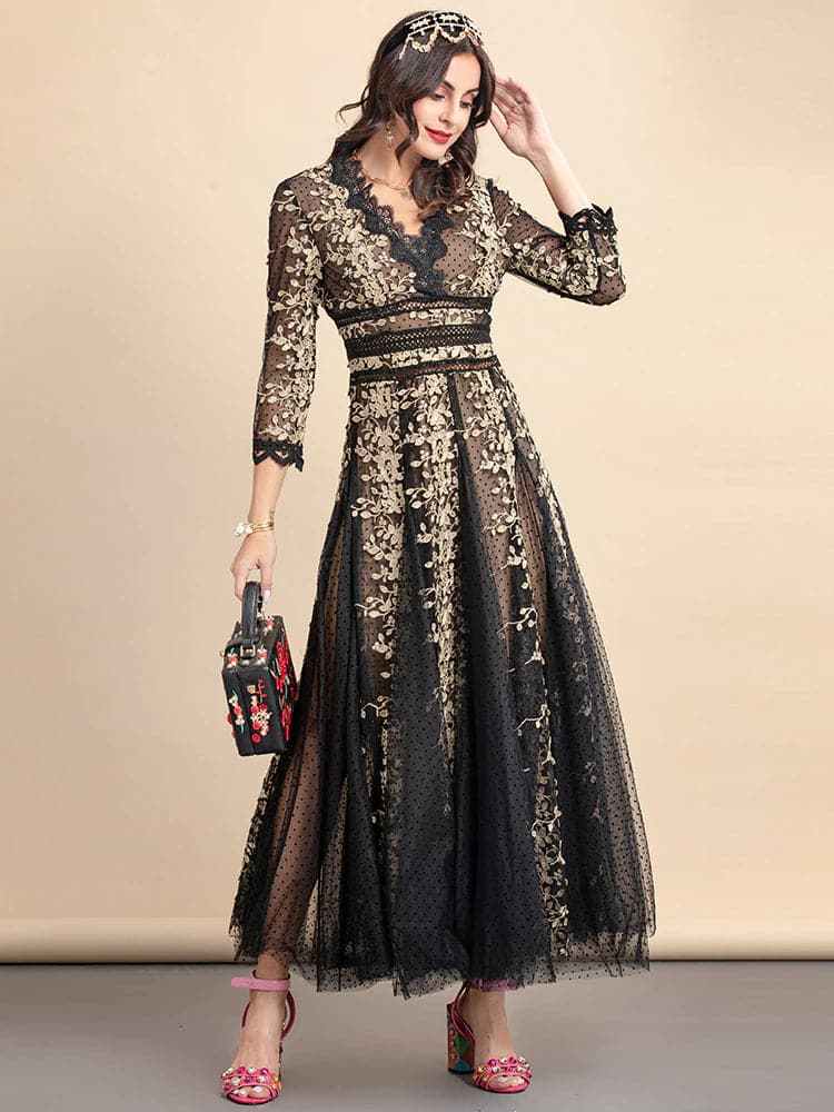 lace evening gown with gold floral embroidery – Nafula