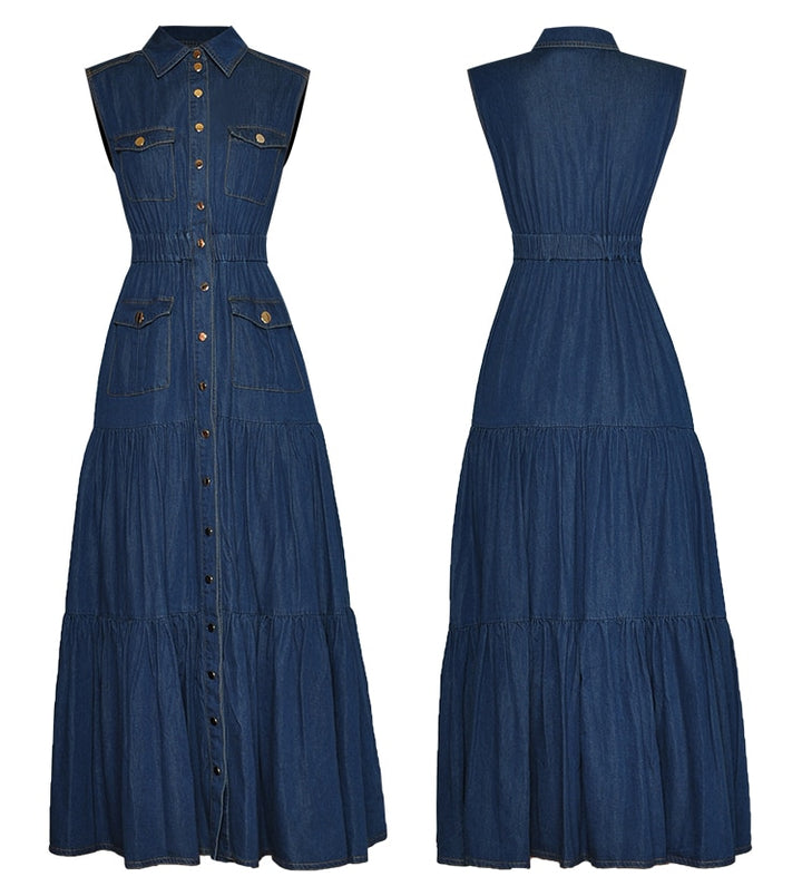 sleeveless denim maxi dress with tiered skirt – Adalinda